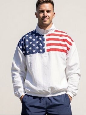 Surf Style Sz L Vintage American Flag White Relaxed Windbreaker